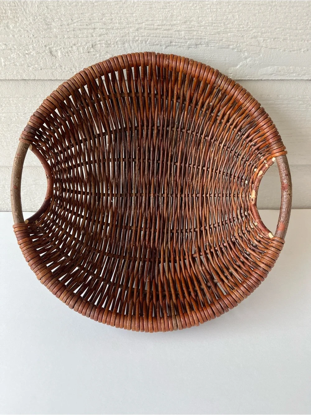 Handwoven Round Rattan Winnowing Basket in Warm Brown 14”